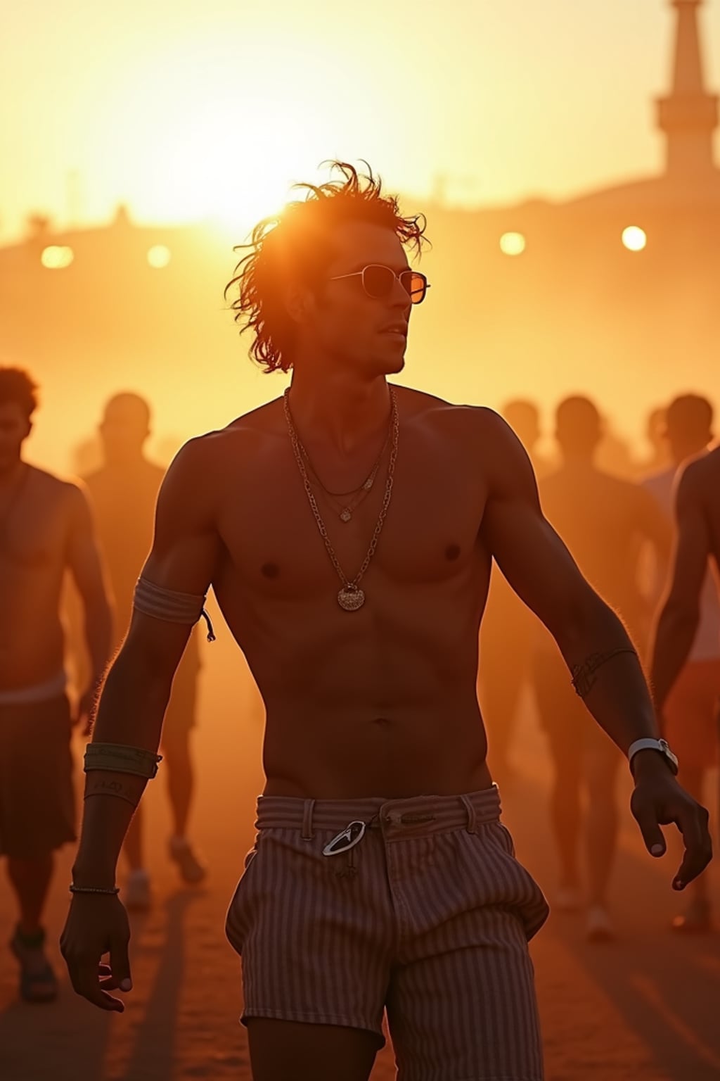 a man in a Coachella-inspired outfit, dancing with  a crowd of fellow festival-goers, capturing the energetic atmosphere of the main stage at sunset