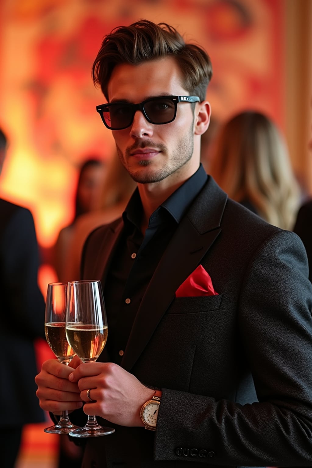man at the exclusive Met Gala cocktail hour in the museum's Great Hall, wearing  a cutting-edge designer suit with artistic flair, champagne flutes and elaborate event décor with this year's theme