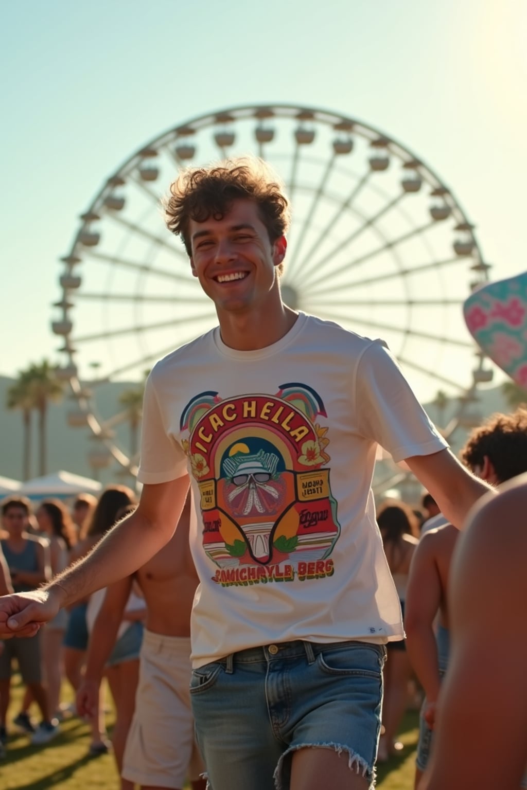 a stunning man at Coachella music festival, dancing and enjoying the music in a vibrant crowd, wearing  a colorful graphic t-shirt and denim shorts, with the iconic Coachella ferris wheel in the background