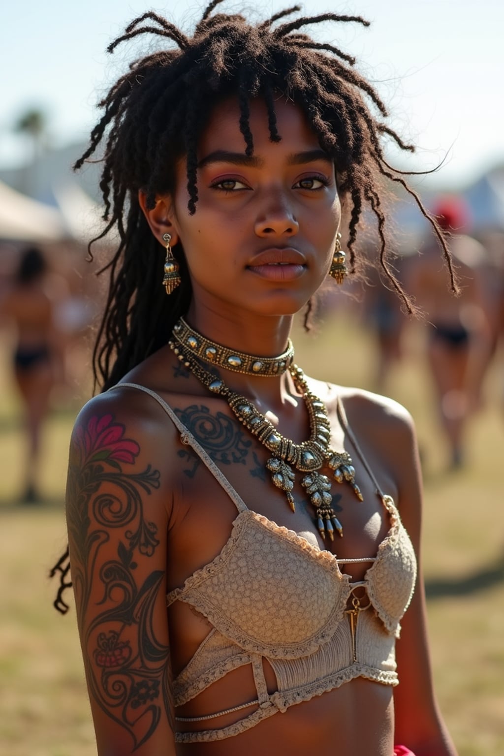 a woman with colorful temporary tattoos and henna art , adding bohemian flair to their Coachella look, with the iconic festival grounds visible in the background