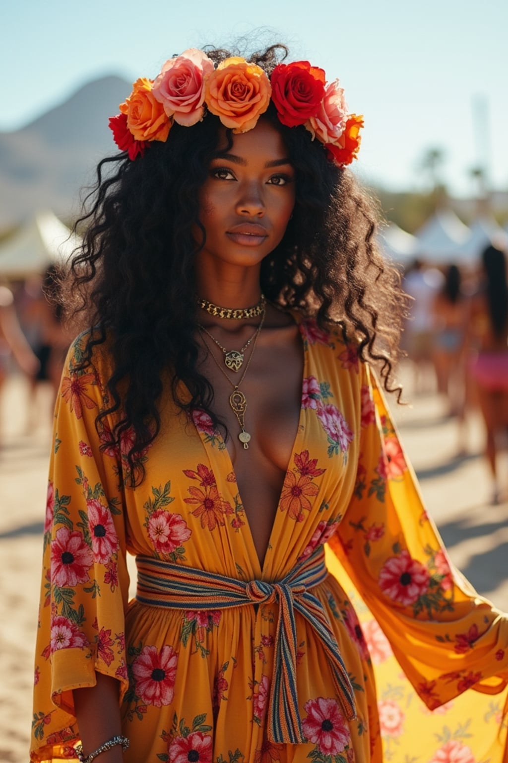 a stunning woman in a flowy kimono and flower crown , embodying the fusion of bohemian and rock styles that define Coachella fashion