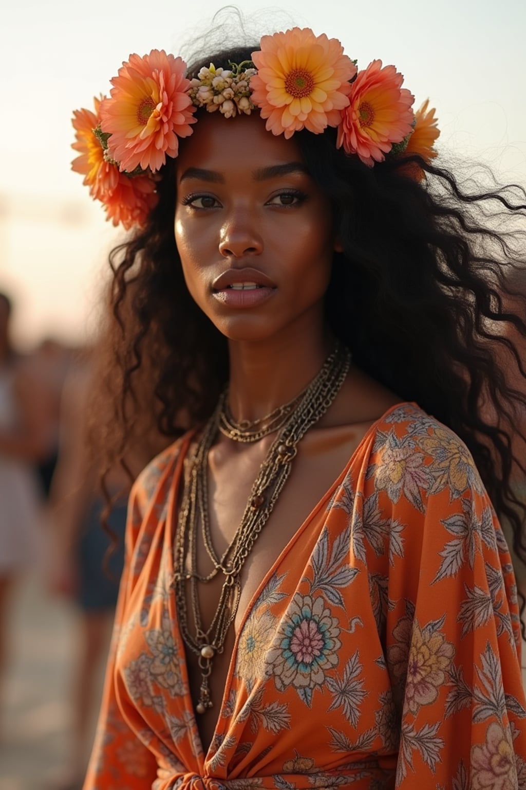 a stunning woman in a flowy kimono and flower crown , embodying the fusion of bohemian and rock styles that define Coachella fashion