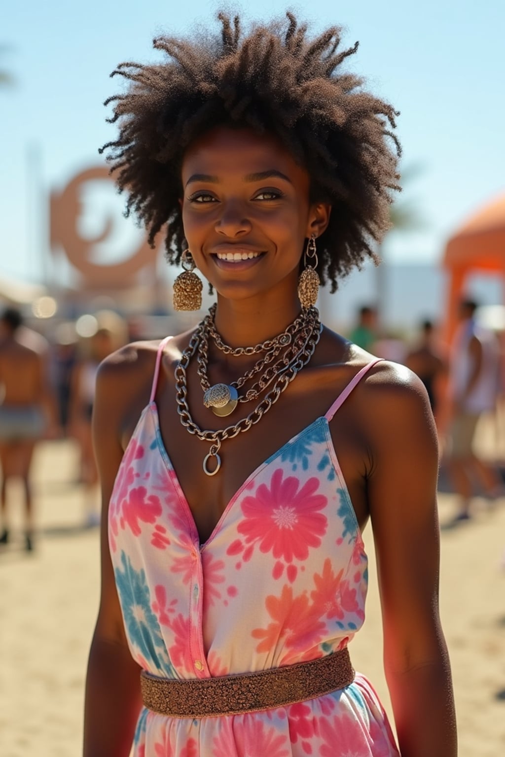 a stunning woman in a tie-dye jumpsuit and statement accessories , capturing their eclectic Coachella look against the backdrop of art installations