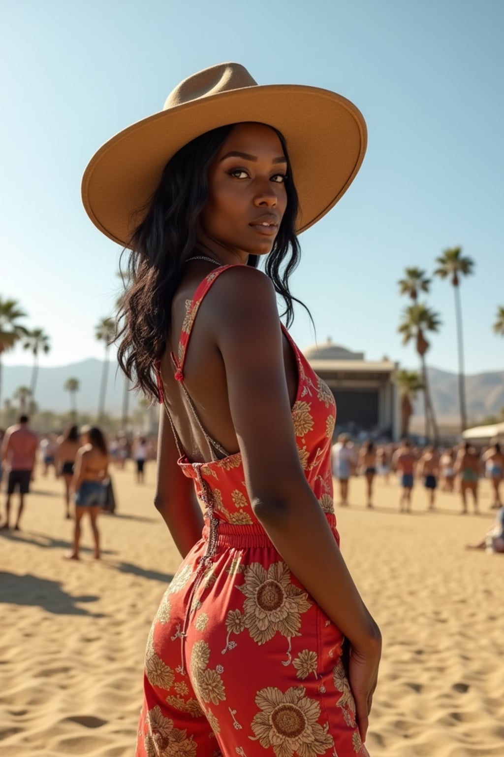 a woman in a bohemian jumpsuit and a wide-brimmed hat , striking a pose in front of the Coachella stage, with palm trees and desert landscape visible