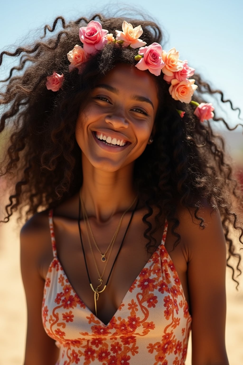 a stunning woman with flowing curly hair and flower accessories , capturing the essence of Coachella fashion in the California desert