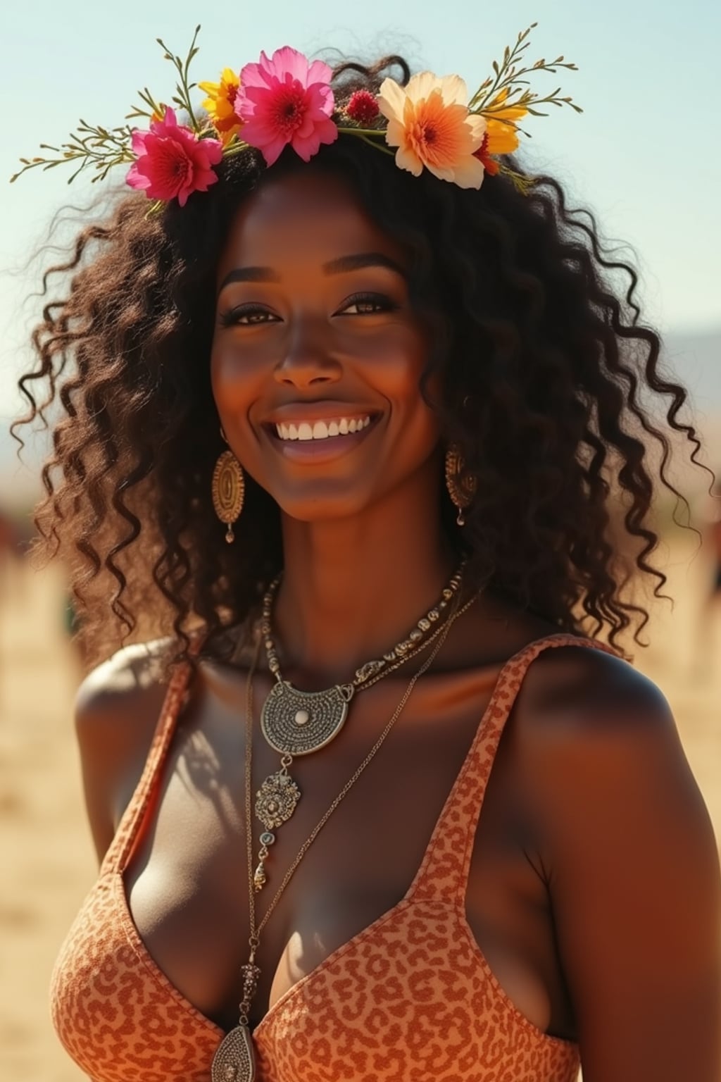 a stunning woman with flowing curly hair and flower accessories , capturing the essence of Coachella fashion in the California desert