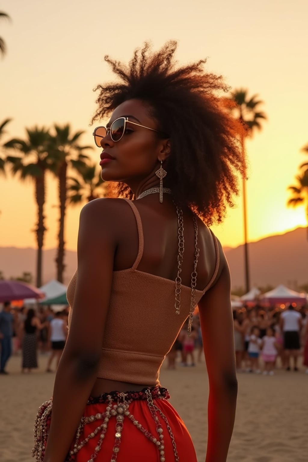 an incredibly attractive woman in a Coachella outfit, embracing the desert festival vibes and posing against a backdrop of palm trees and mountains at sunset in Indio, California