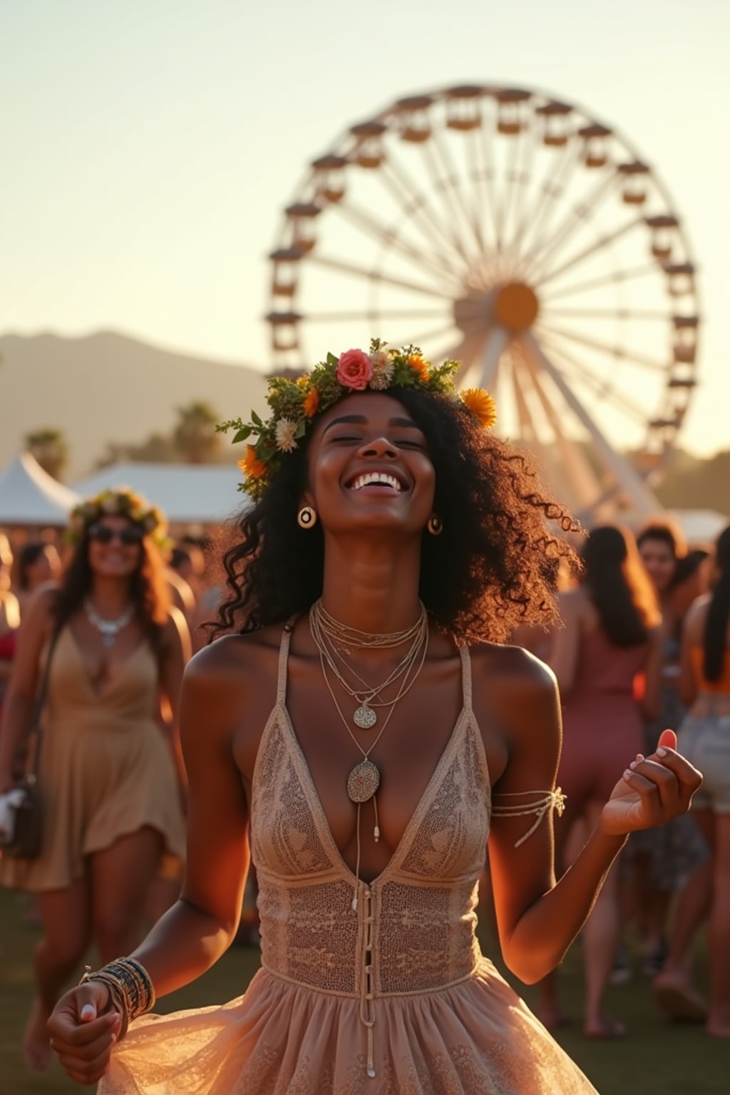 a stunning woman at Coachella music festival, dancing and enjoying the music in a vibrant crowd, wearing a boho chic dress and flower crown , with the iconic Coachella ferris wheel in the background