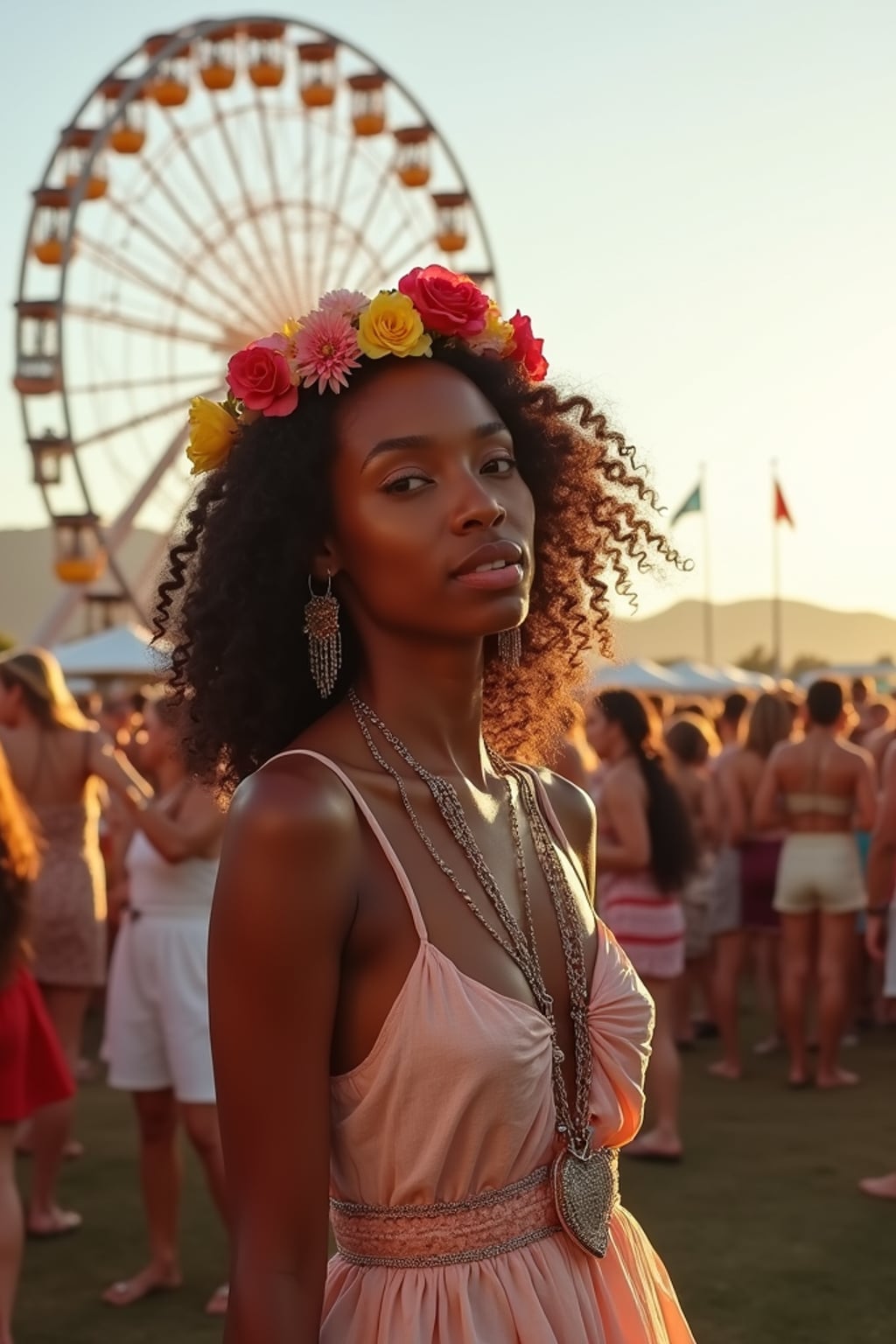 a stunning woman at Coachella music festival, dancing and enjoying the music in a vibrant crowd, wearing a boho chic dress and flower crown , with the iconic Coachella ferris wheel in the background