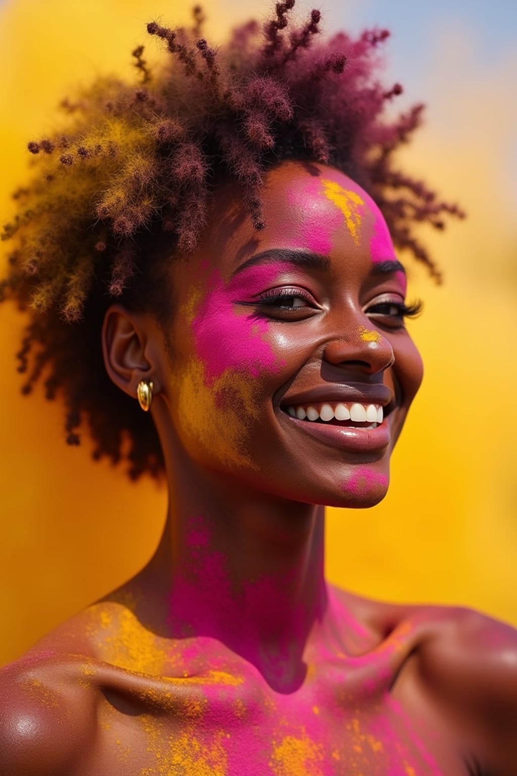 a woman with face beautifully decorated with yellow and pink Holi colors , adding a magical quality to their festival look, with colored powder explosions visible in the background
