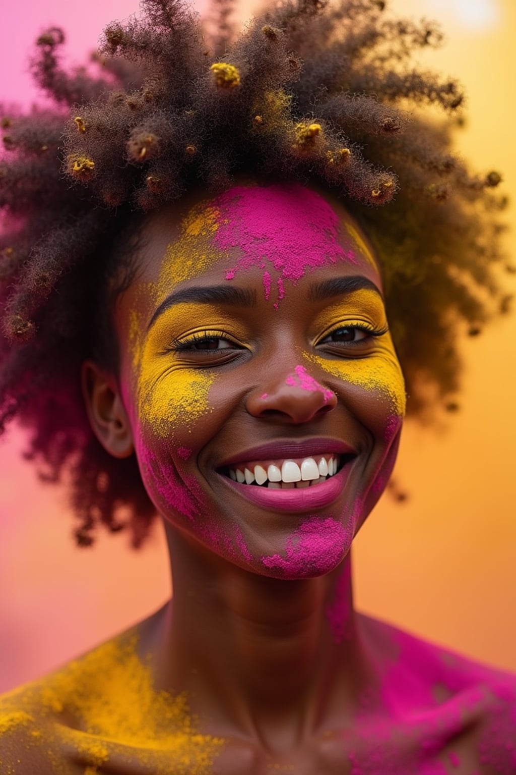 a woman with face beautifully decorated with yellow and pink Holi colors , adding a magical quality to their festival look, with colored powder explosions visible in the background