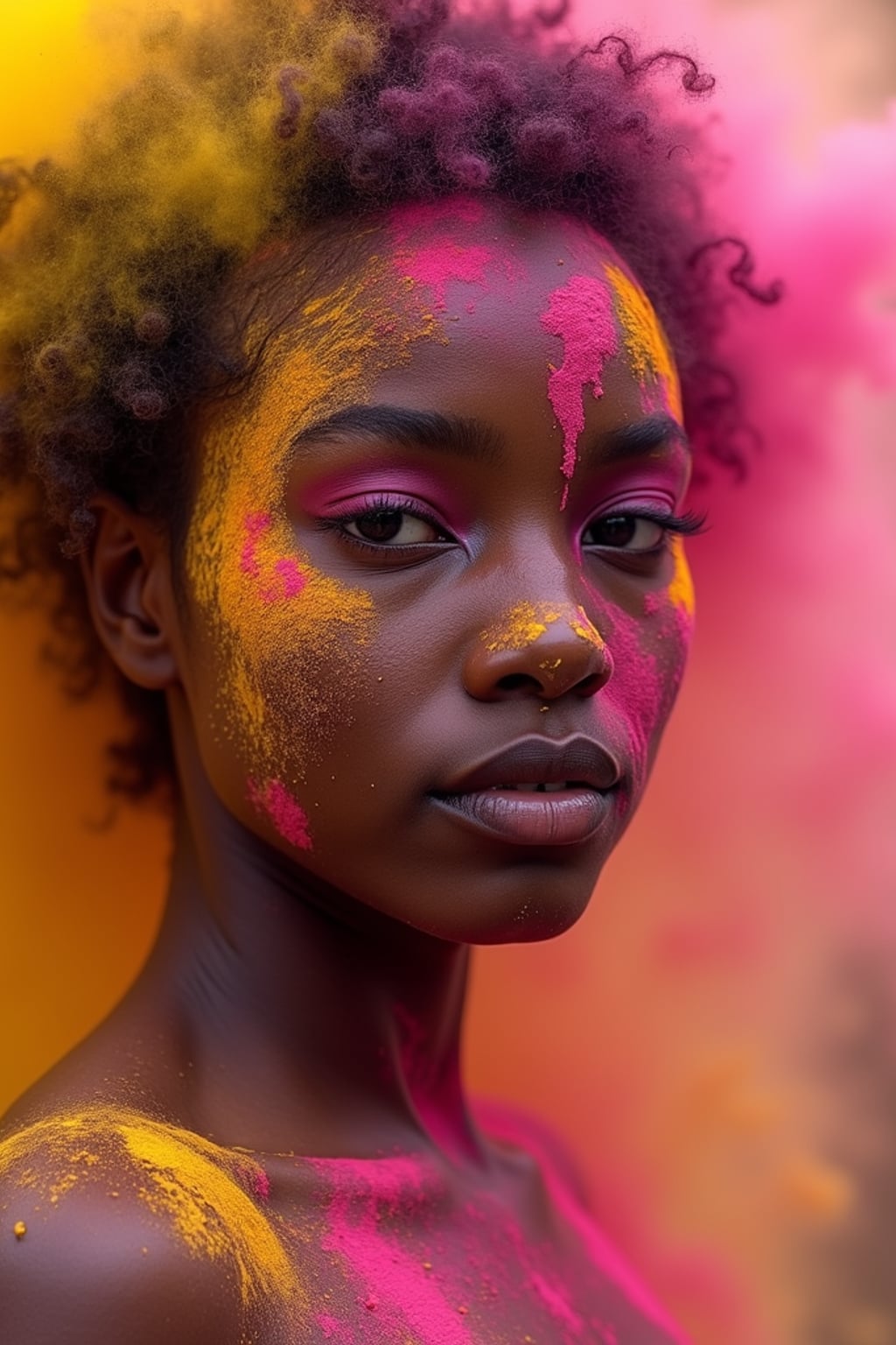 a woman with face beautifully decorated with yellow and pink Holi colors , adding a magical quality to their festival look, with colored powder explosions visible in the background