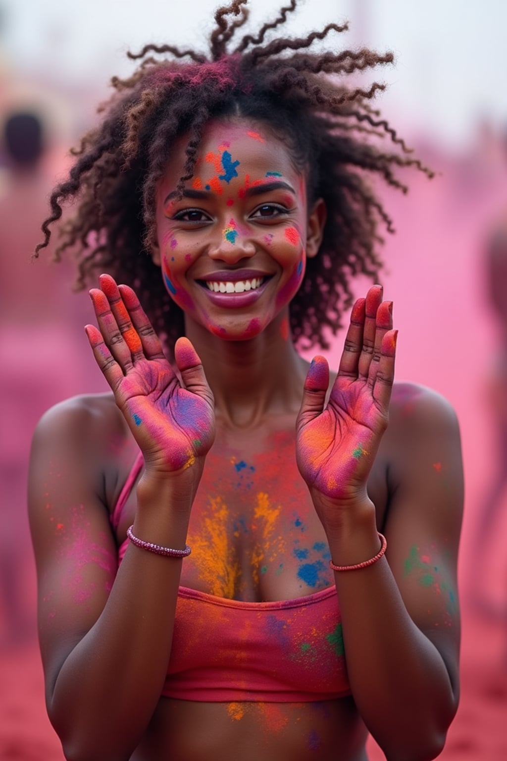 a woman with hands and face painted with intricate Holi color patterns , standing out in the festival crowd with vibrant color clouds surrounding them