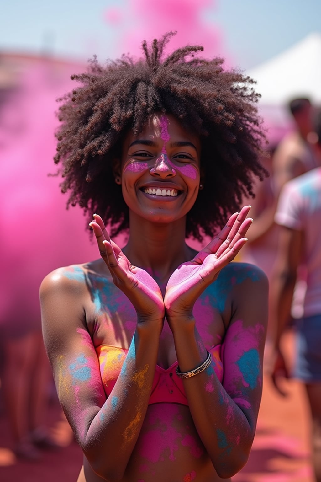 a woman with hands and face painted with intricate Holi color patterns , standing out in the festival crowd with vibrant color clouds surrounding them