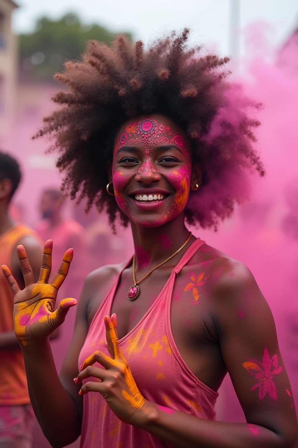 a woman with hands and face painted with intricate Holi color patterns , standing out in the festival crowd with vibrant color clouds surrounding them