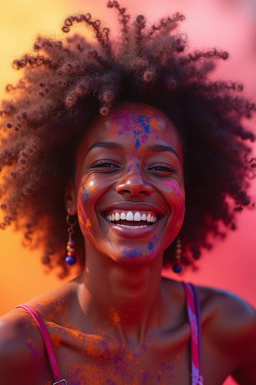 a woman enjoying the Holi celebration, with colorful powder in her hair and on her smiling face , radiating joy under the bright festival lights