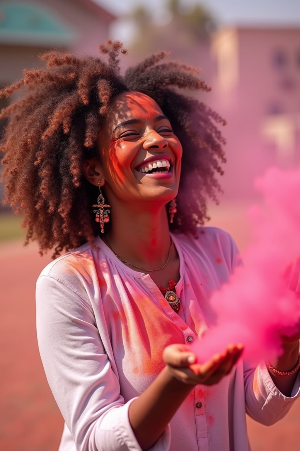 a stunning woman celebrating Holi festival, covered in vibrant colored powders, wearing a white traditional kurta , joyfully throwing colorful powder in the air against a festive background