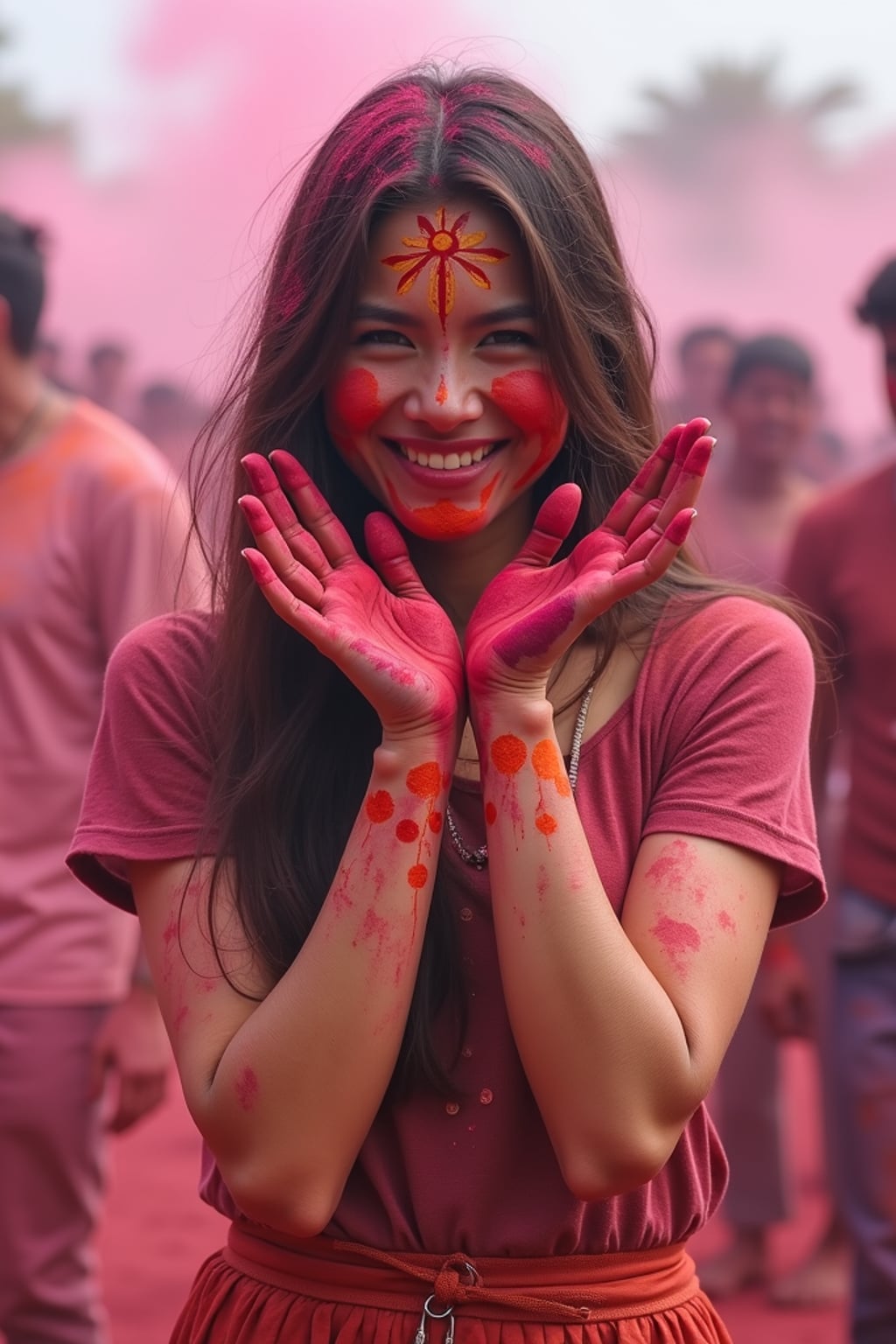 a woman with hands and face painted with intricate Holi color patterns , standing out in the festival crowd with vibrant color clouds surrounding them