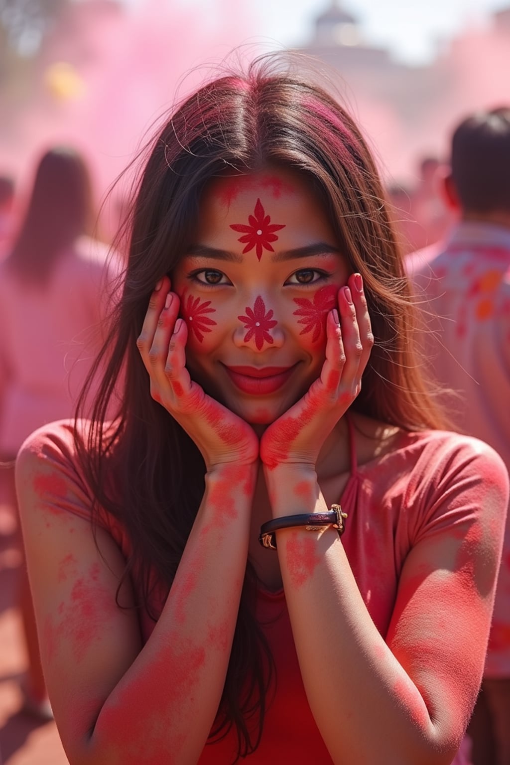 a woman with hands and face painted with intricate Holi color patterns , standing out in the festival crowd with vibrant color clouds surrounding them