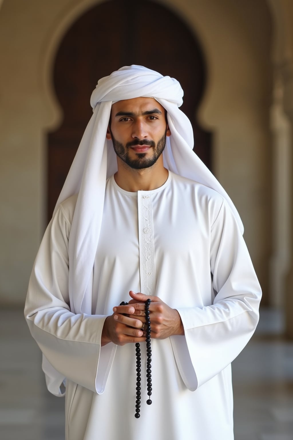 a man in  a crisp white thobe with subtle embellishments, embodying the peaceful and reflective nature of Ramadan, with prayer beads in hand