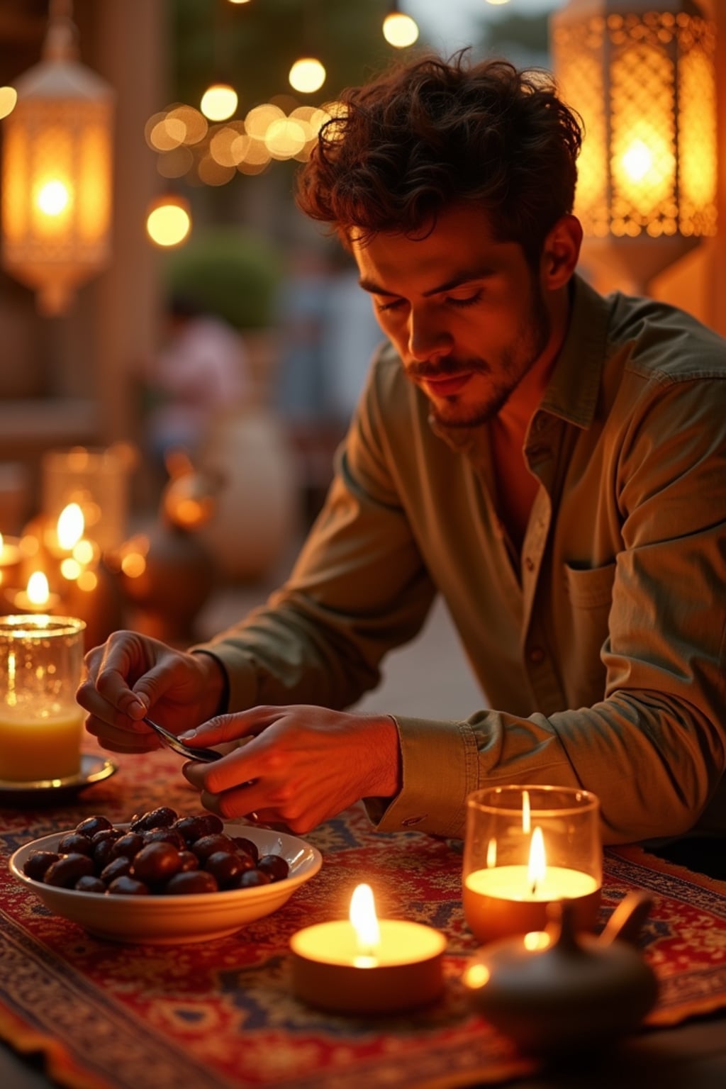 an incredibly attractive man during Ramadan evening celebrations, surrounded by glowing fanous lanterns, preparing for iftar with dates and water on a beautifully decorated table
