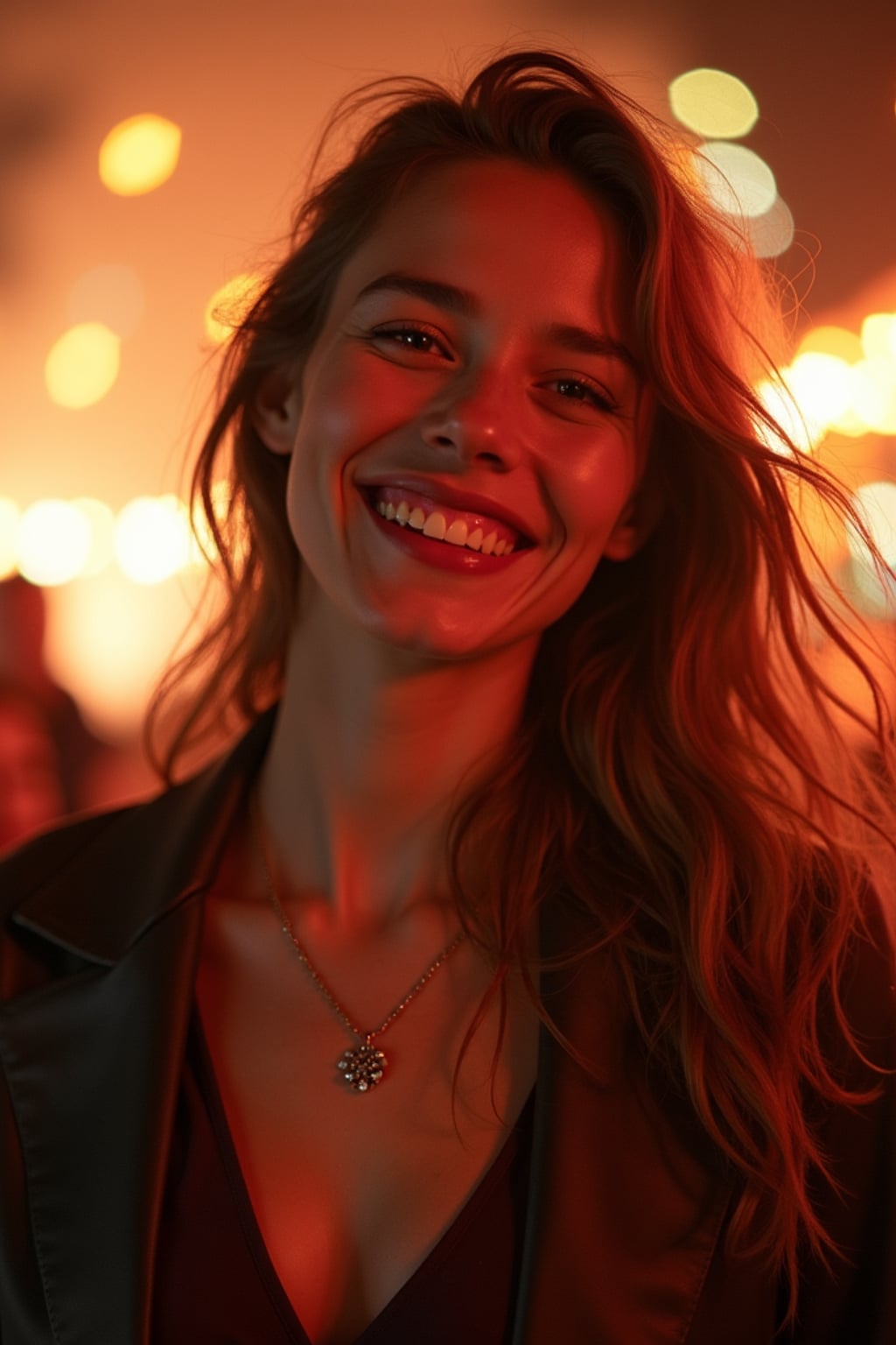 a woman with a happy expression while participating in New Year traditions , adding a festive quality to their celebration, with fireworks and lanterns visible in the background