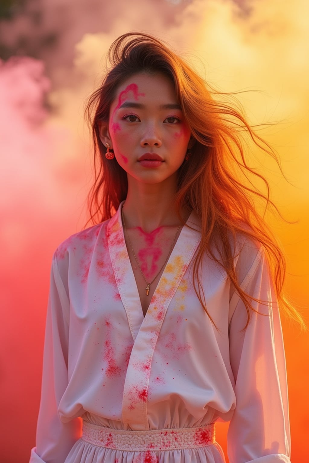 a stunning woman in a white outfit now transformed by the colors of Holi , capturing their eclectic and vibrant look against a backdrop of color explosions