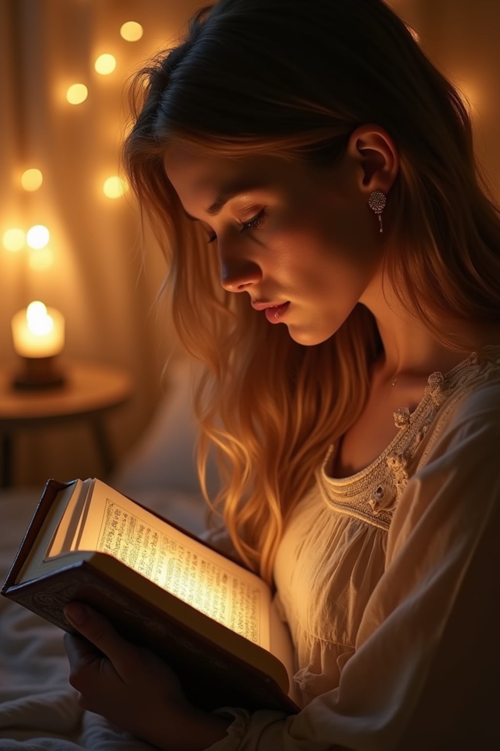 a woman with a serene expression while reading Quran in a beautifully decorated space , adding a spiritual quality to their Ramadan observance, with soft golden lights and crescent moon decorations visible in the background