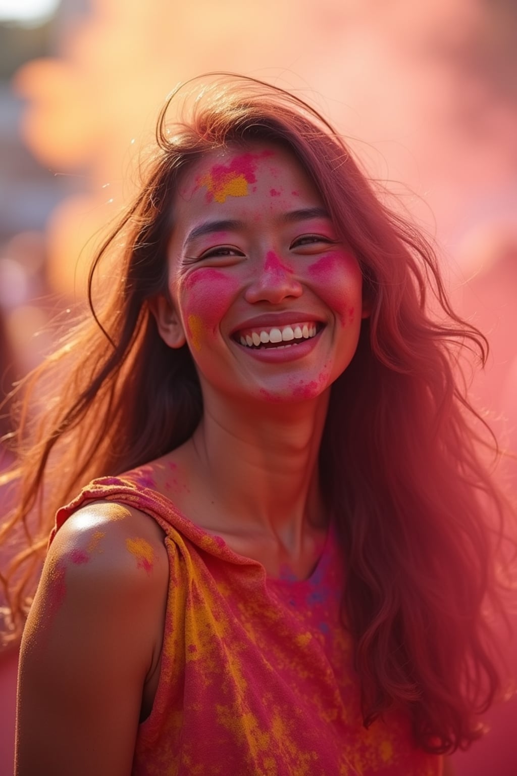a woman enjoying the Holi celebration, with colorful powder in her hair and on her smiling face , radiating joy under the bright festival lights