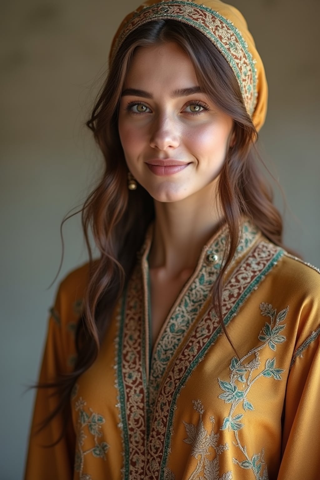 a woman in a traditional outfit with modern modest fashion elements , embodying the balance of tradition and contemporary life during Ramadan