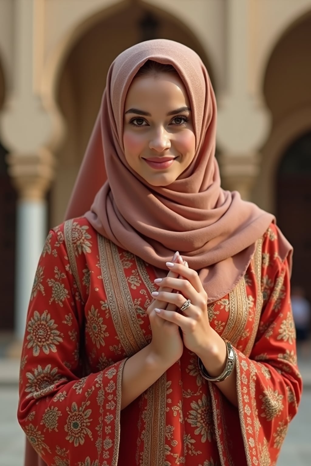 a stunning woman in a festive modest outfit for Eid celebrations , embodying the joy and gratitude at the culmination of Ramadan