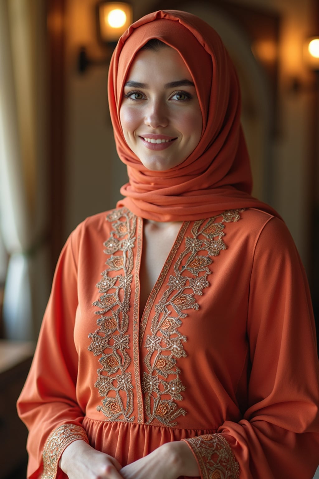 a stunning woman in a festive modest outfit for Eid celebrations , embodying the joy and gratitude at the culmination of Ramadan
