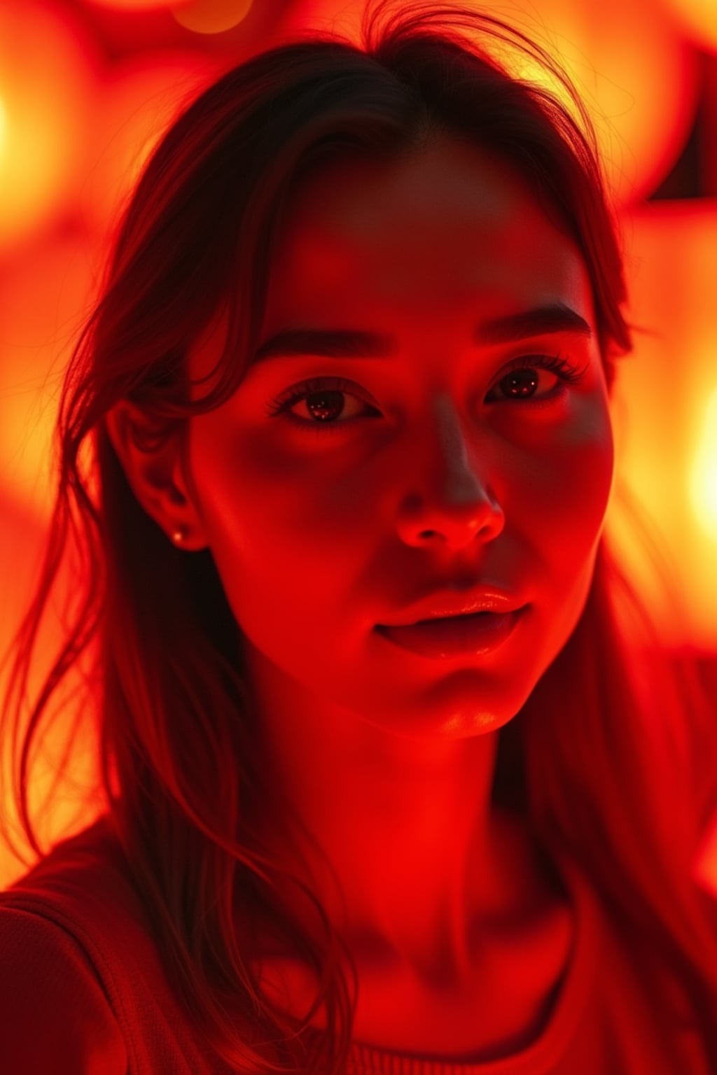 a woman with face illuminated by the warm glow of red lanterns , capturing the excitement that defines this important cultural celebration