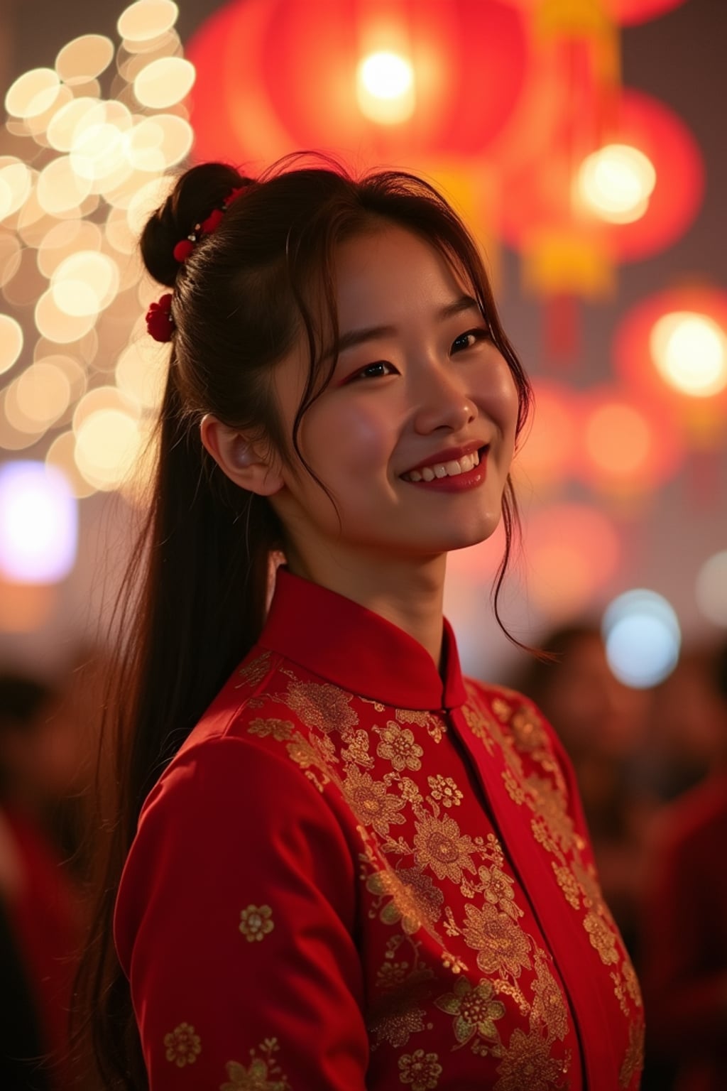 a woman with a happy expression while participating in Chinese New Year traditions , adding a festive quality to their celebration, with fireworks and lanterns visible in the background
