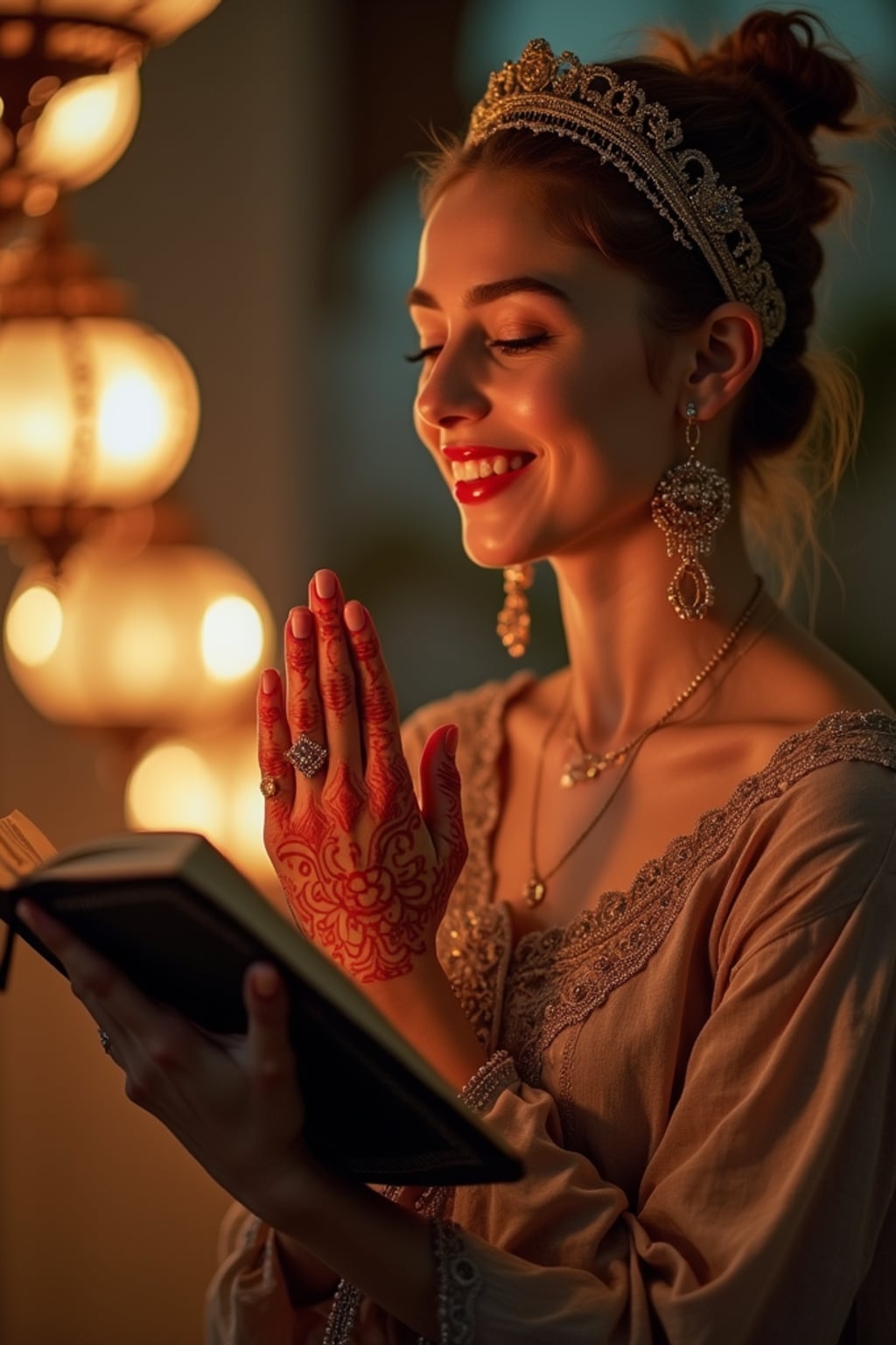 a woman enjoying the Ramadan atmosphere, with hands decorated with henna and holding a prayer book , radiating peace and spirituality