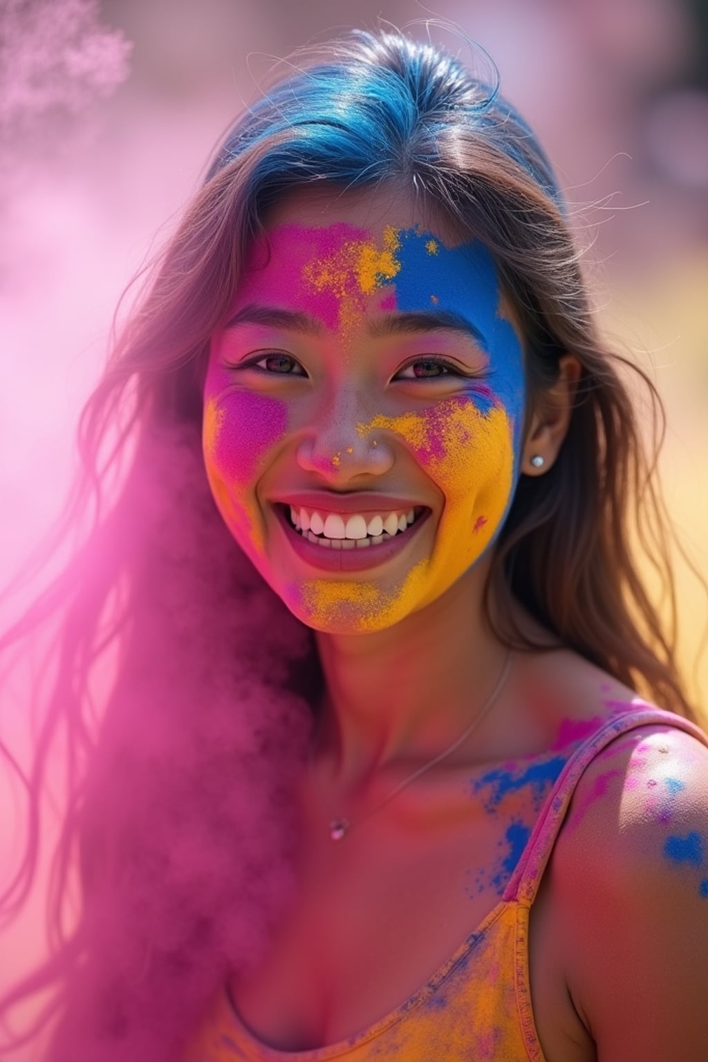 an incredibly attractive woman during Holi celebrations, face and clothes covered with pink, blue, and yellow powders, smiling radiantly in the midst of color clouds