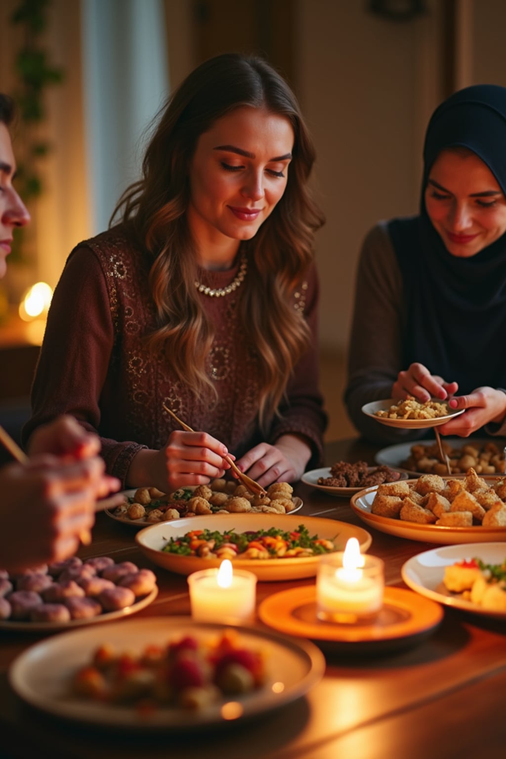 a woman enjoying Ramadan festivities in the evening, surrounded by family members preparing iftar , with a table full of traditional foods and sweet treats