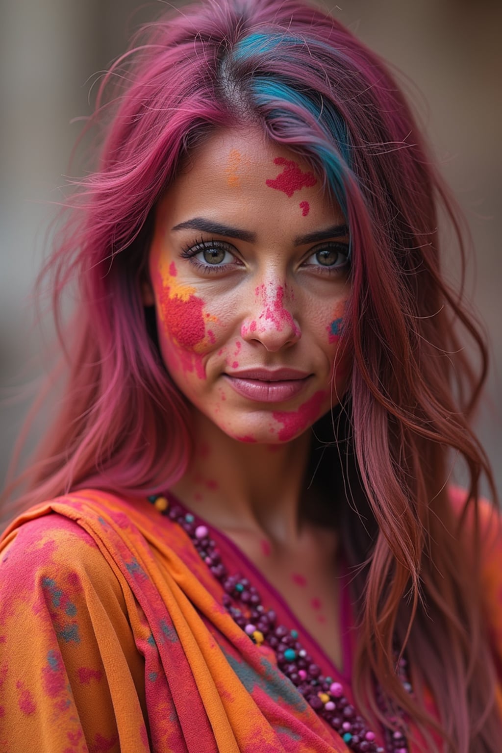 a woman in a traditional outfit now barely recognizable under layers of Holi colors , embodying the playful culture of Holi where everyone becomes a canvas
