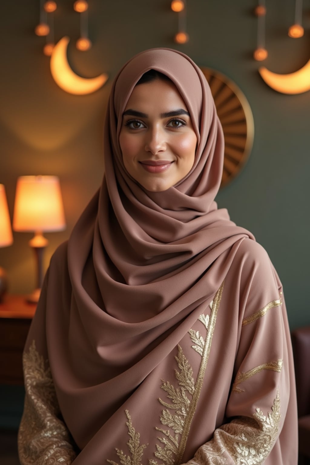 a stunning woman with an elegantly styled hijab and modest festive attire , capturing the essence of Ramadan traditions in a room decorated with crescent moons and stars