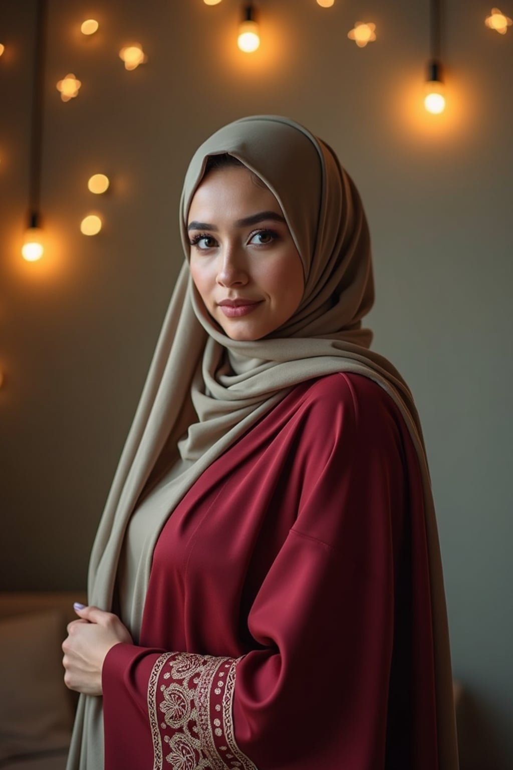 a stunning woman with an elegantly styled hijab and modest festive attire , capturing the essence of Ramadan traditions in a room decorated with crescent moons and stars