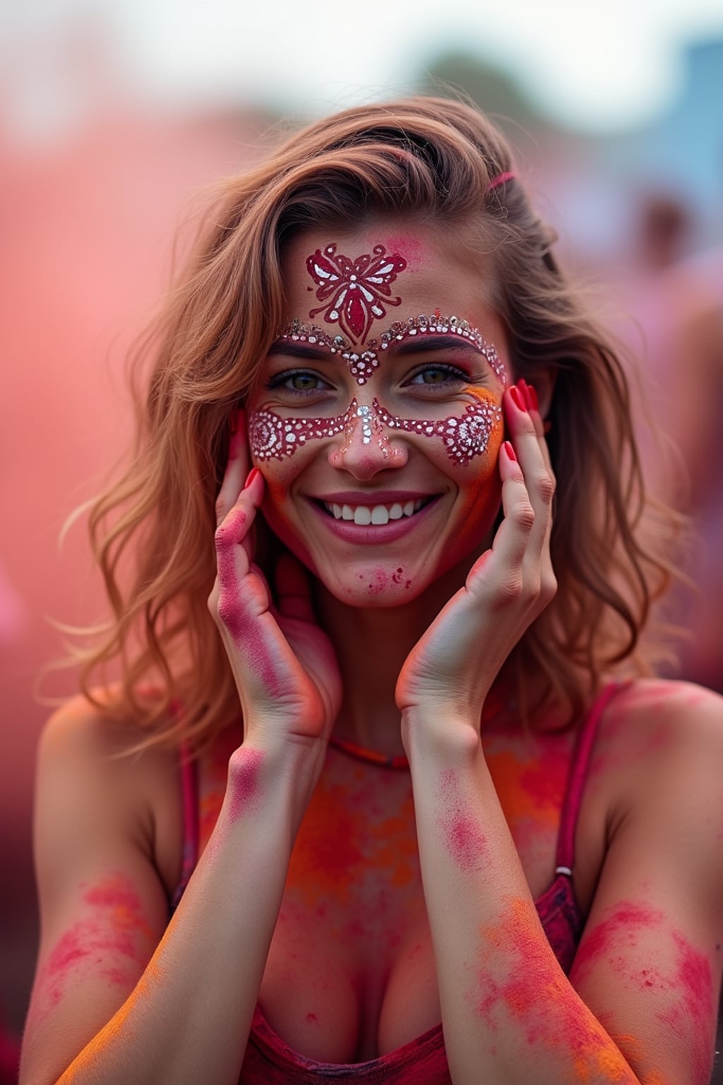 a woman with hands and face painted with intricate Holi color patterns , standing out in the festival crowd with vibrant color clouds surrounding them
