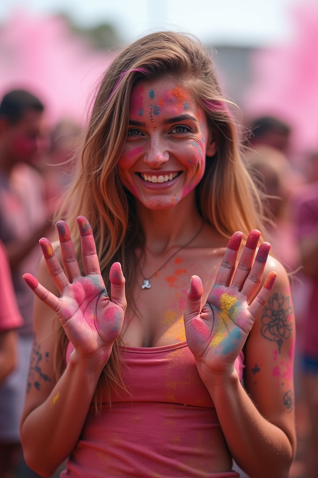 a woman with hands and face painted with intricate Holi color patterns , standing out in the festival crowd with vibrant color clouds surrounding them