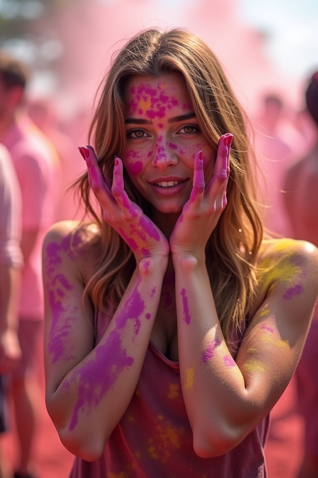 a woman with hands and face painted with intricate Holi color patterns , standing out in the festival crowd with vibrant color clouds surrounding them