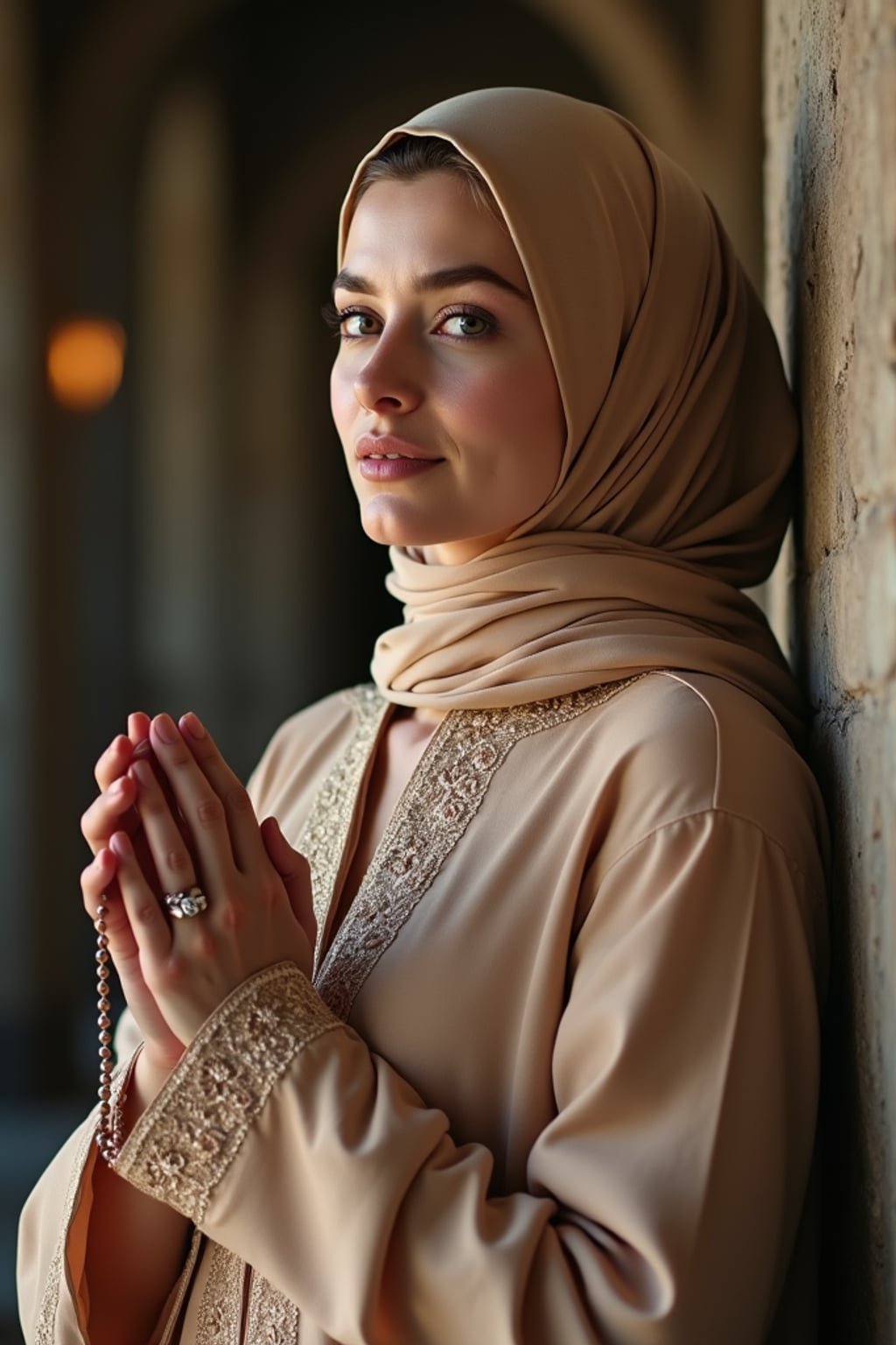 a woman in a modest festive outfit with embroidered details , embodying the peaceful and reflective nature of Ramadan, with prayer beads in hand