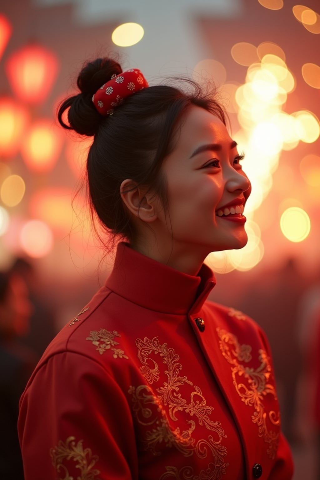 a woman with a happy expression while participating in Chinese New Year traditions , adding a festive quality to their celebration, with fireworks and lanterns visible in the background
