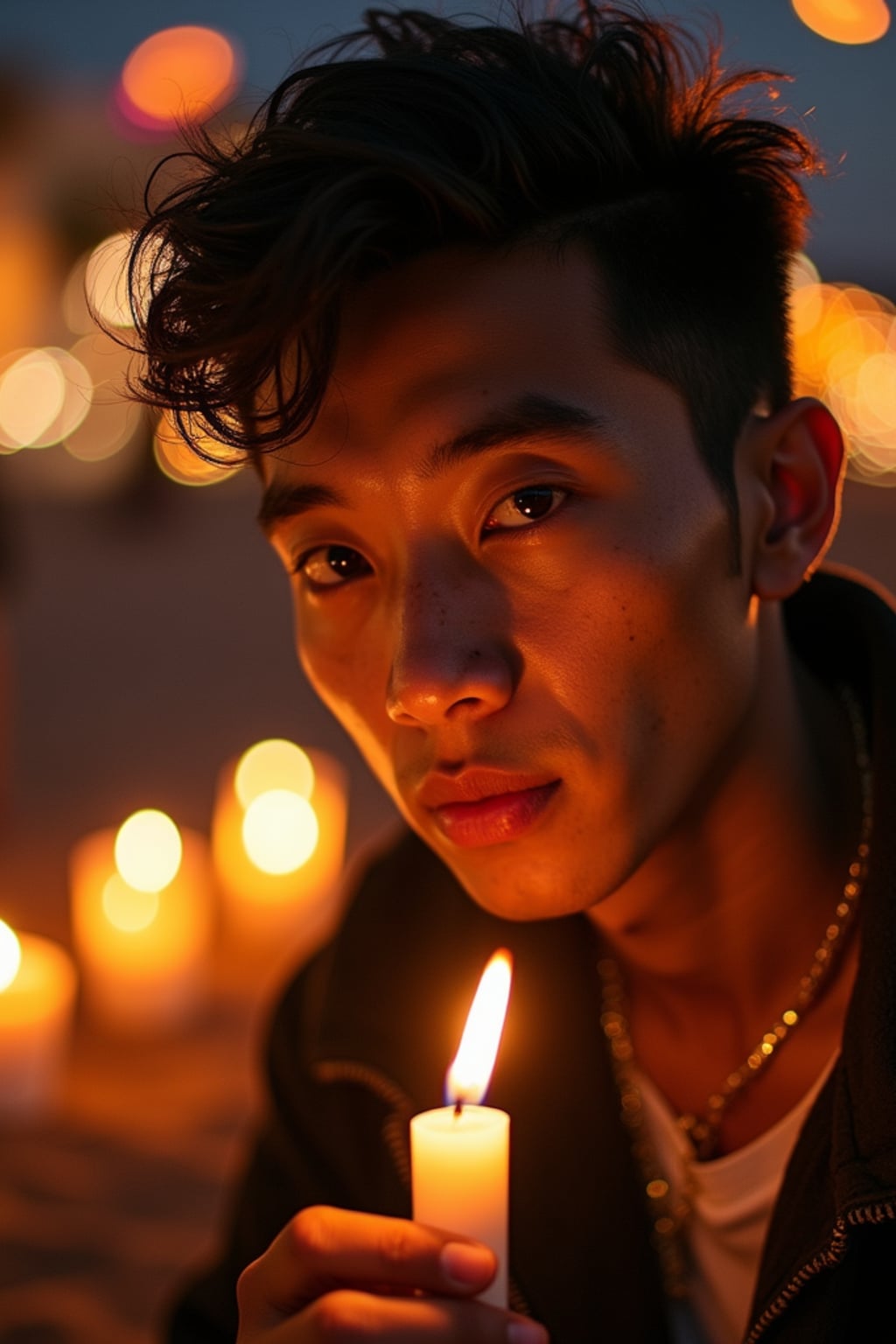 a man with  a respectful look while participating in a candlelight vigil, adding a meaningful quality to their celebration, with sugar skulls and papel picado visible in the background