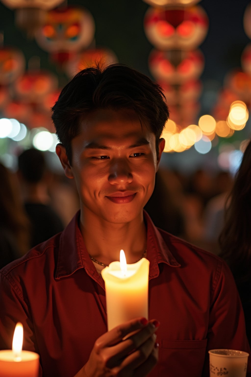 a man with  a respectful look while participating in a candlelight vigil, adding a meaningful quality to their celebration, with sugar skulls and papel picado visible in the background