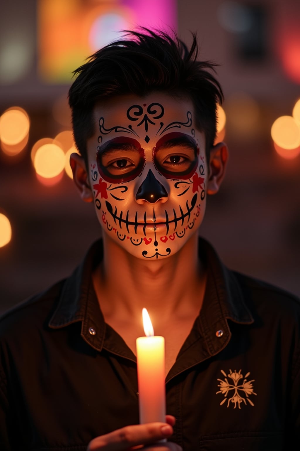 a man with  a respectful look while participating in a candlelight vigil, adding a meaningful quality to their celebration, with sugar skulls and papel picado visible in the background