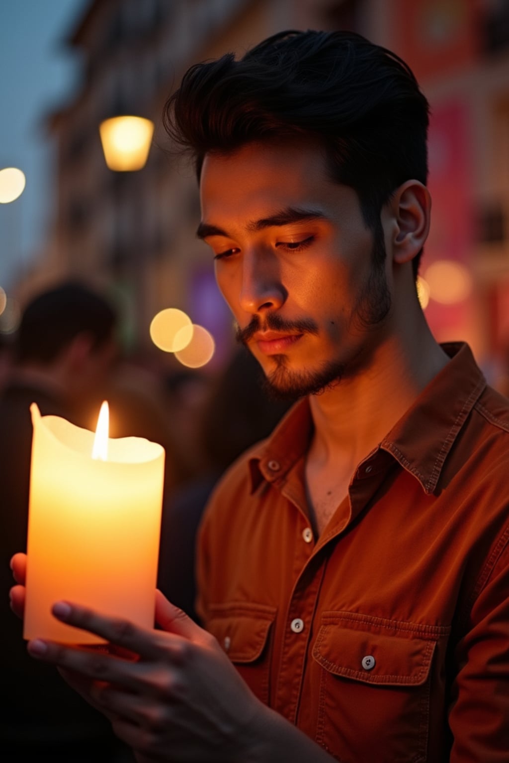 a man with  a respectful look while participating in a candlelight vigil, adding a meaningful quality to their celebration, with sugar skulls and papel picado visible in the background