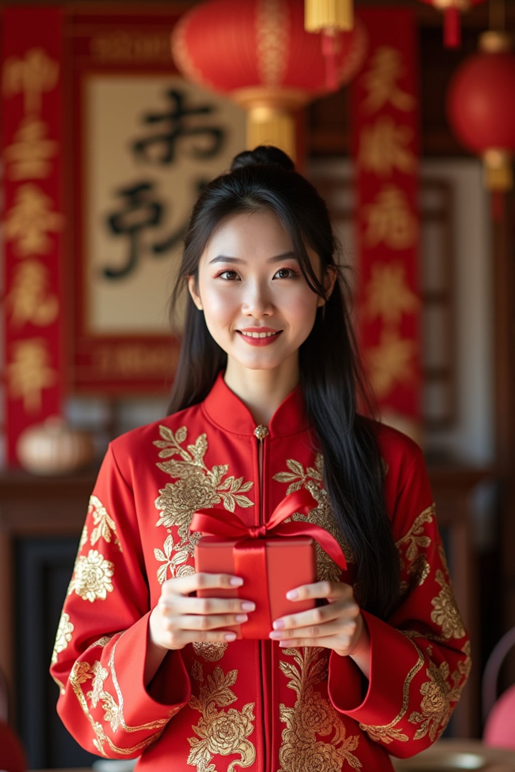 a woman with hands holding traditional Chinese New Year gifts , standing out in a beautifully decorated home with red and gold ornaments and Chinese calligraphy